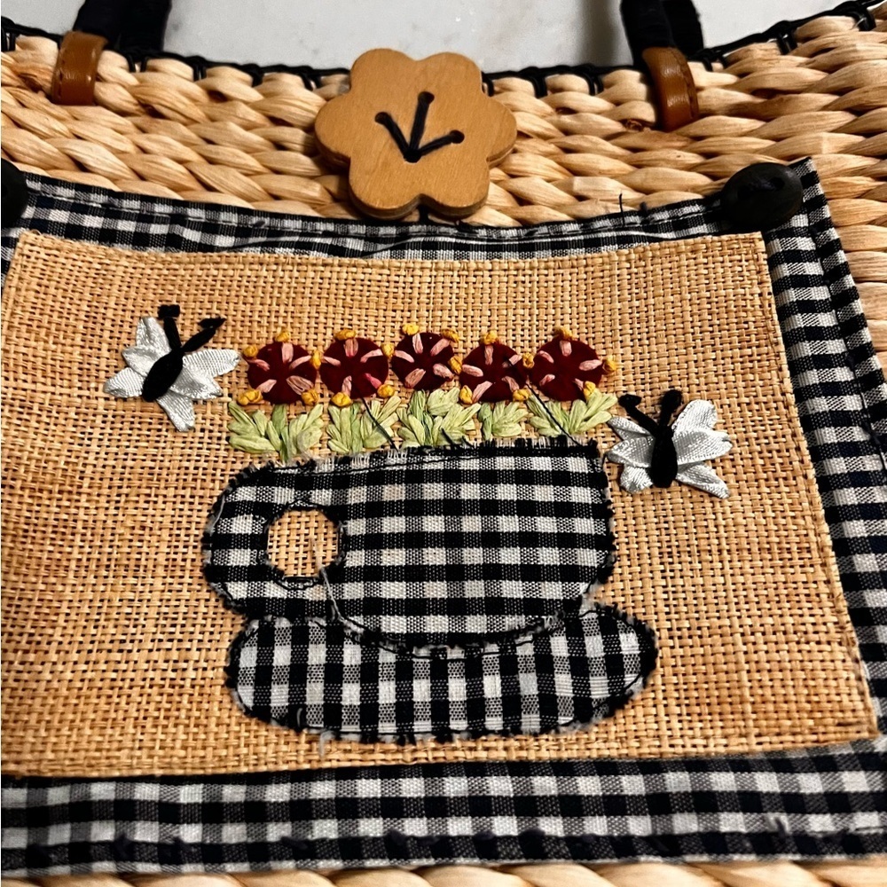 Breckenridge Straw Tote Bag Purse Blonde Wicker Rattan Picnic Blue Check Teacup - Picture 2 of 6